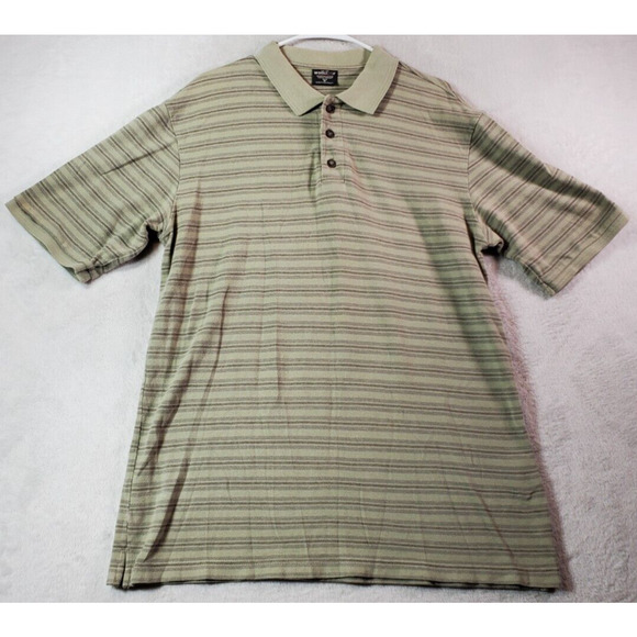 Woolrich Polo Shirt Mens Medium‎ Green Striped 100% Cotton Short Sleeve Collared - Picture 1 of 9